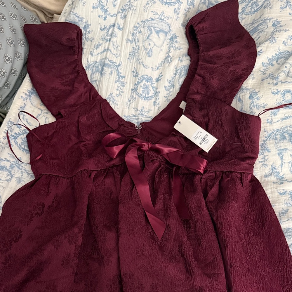 Francesca's Collections Burgundy Ruffled Sleeve Party Dress with Satin Bow